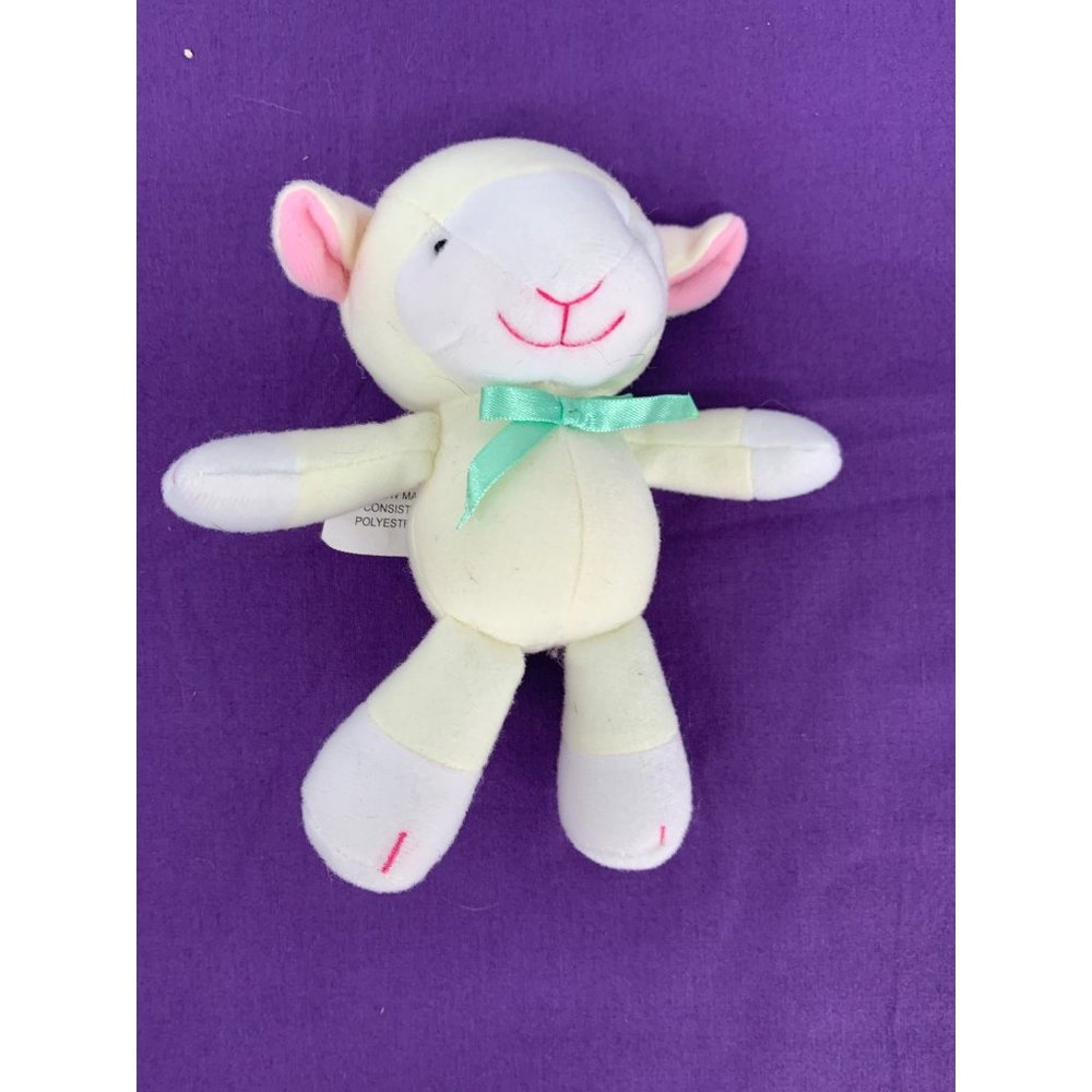 JC Toys 5 Inch Sheep Green Bow Sewn Details in Face. Pink Ear Accents